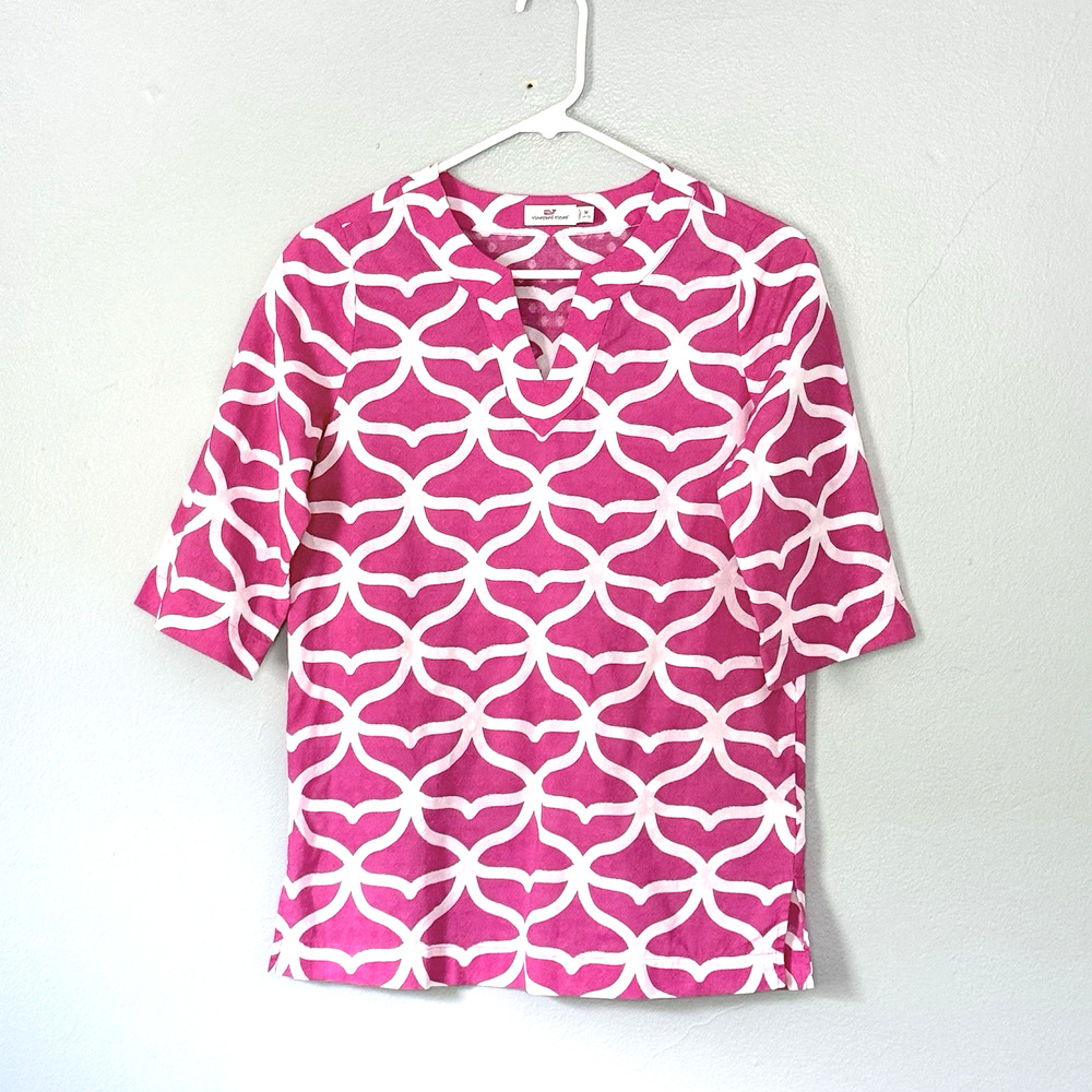 Vineyard Vines Girls Top Medium 10-12 Pink White Tunic 3/4 Sleeves Lightweight